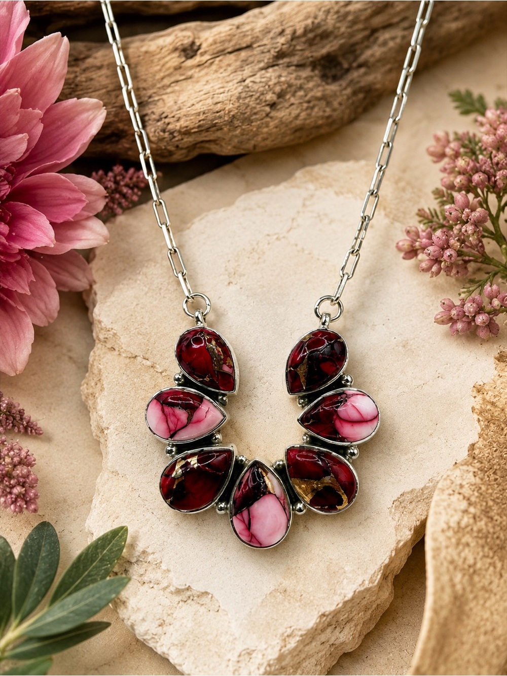 Sterling Silver Red Dahlia Turquoise Necklace 18” Adjustable NWT 19.5g Southwest